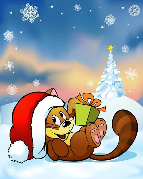 Lindo gato jugando con regalo en la nieve — Vector de stock