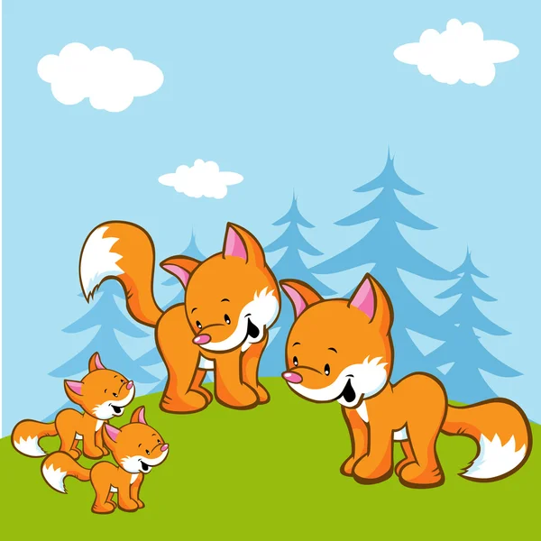 Сім'я лисиць на лузі біля лісу — стоковий вектор