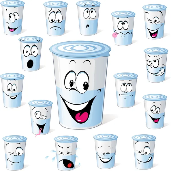 süt ürünleri plastik fincan - plastik kap içinde beyaz süt yoğurt izole birçok yüz ifadeleri ile komik karikatür