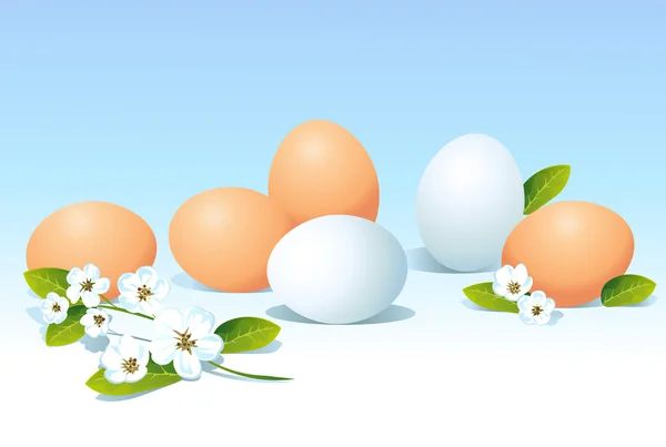 Uova e fiori primaverili su sfondo blu — Vettoriale Stock