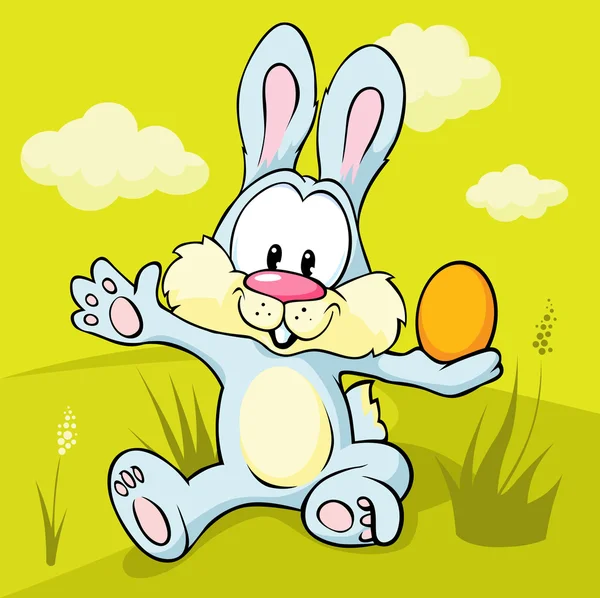 Easter bunny sitting on green grass holding egg — Stock Vector