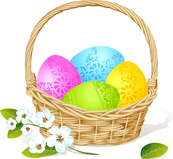 Colorful easter eggs in basket with spring flower decoration — Stock Vector