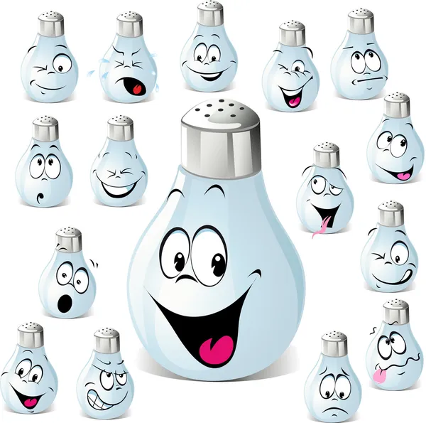 Zout shaker cartoon met vele expressies — Stockvector