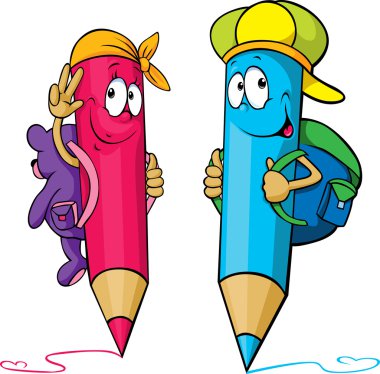 sırtlarında okul çantaları ile renkli kalemler karikatür