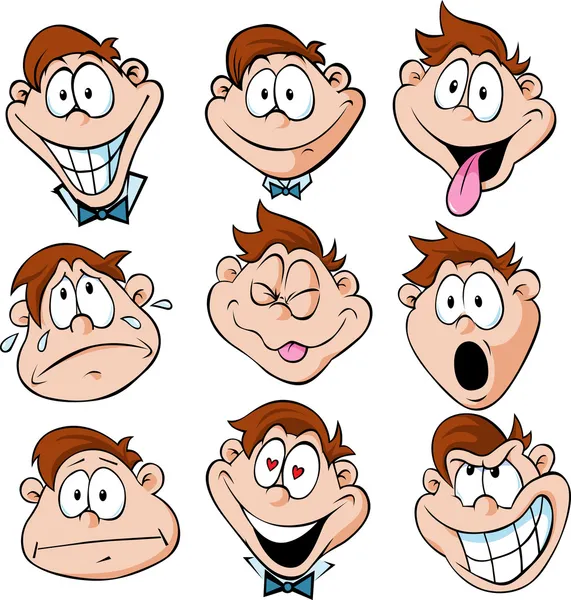 Man emotions - illustration of man with many facial expressions — Stock Vector