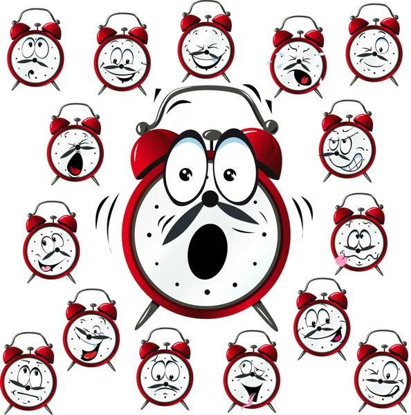 Reloj despertador de dibujos animados con muchas expresiones faciales — Vector de stock