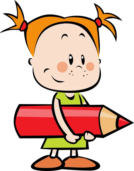 Illustration of child with pencil - little girl hold red crayon — Stock Vector