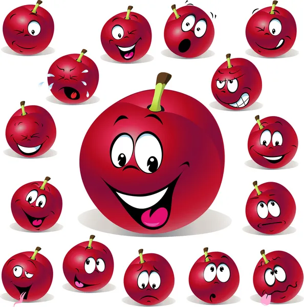 Red plum cartoon illustration with many expressions — Stock Vector