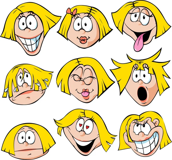 Frauengefühle - Darstellung einer Frau mit vielen Gesichtsausdrücken — Stockvektor