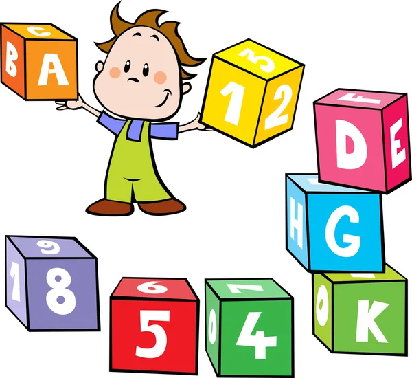 Ilustrace malého chlapce držet barevné kostky s písmenem a číslem - škola hry — Stockový vektor