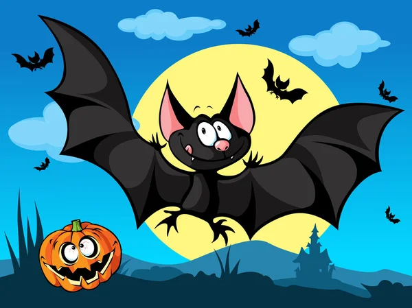 Halloween-Bild mit Kürbis, niedlichen Fledermäusen und Mond im Rücken — Stockvektor