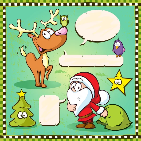 Reindeer, owl and santa isolated with speech bubble on vintage frame — Stock Vector