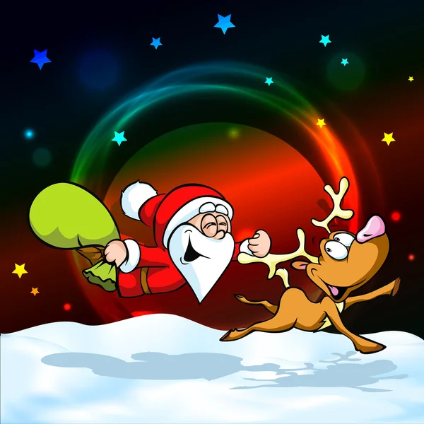Magic christmas eve - funny vector illustration of santa with reindeer distributes gifts — Stock Vector