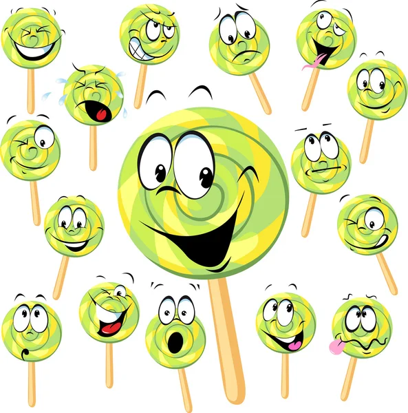 Lolly cartoon met vele expressies geïsoleerd op wit — Stockvector