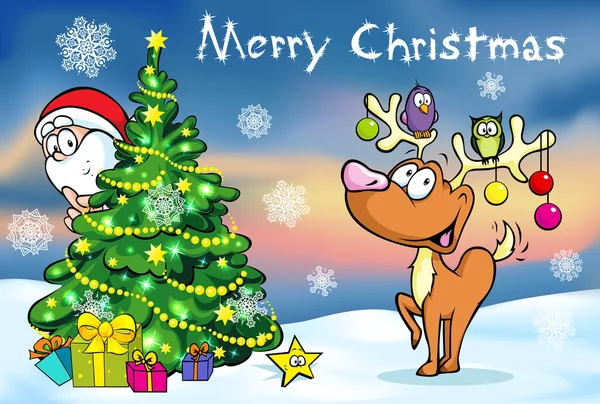 Feliz tarjeta de felicitación de Navidad, Santa Claus escondido detrás de e árbol y renos vector ilustración — Archivo Imágenes Vectoriales