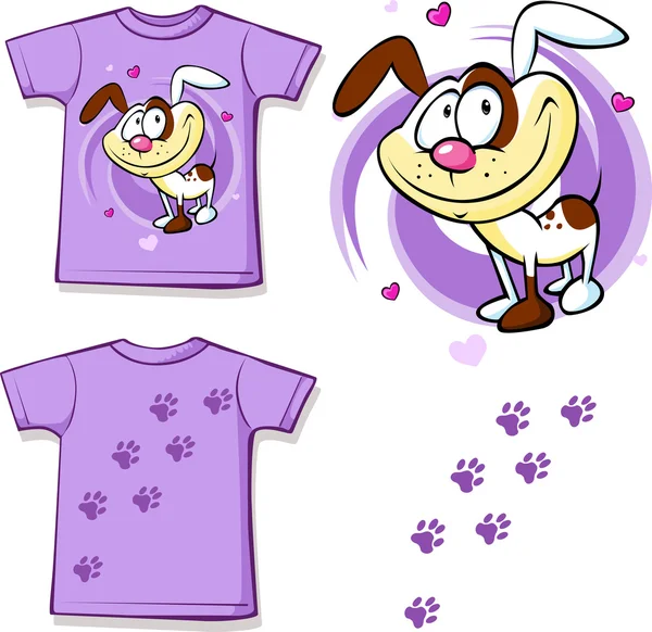 Kid shirt with cute dog printed - isolated on white, back and front view — Stock Vector