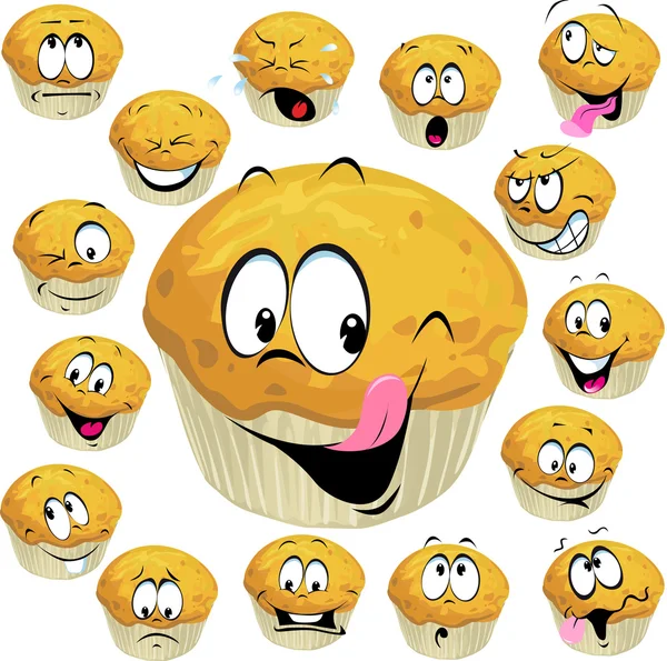 Muffin karikatúra-val sok kifejezés elszigetelt fehér background — Stock Vector