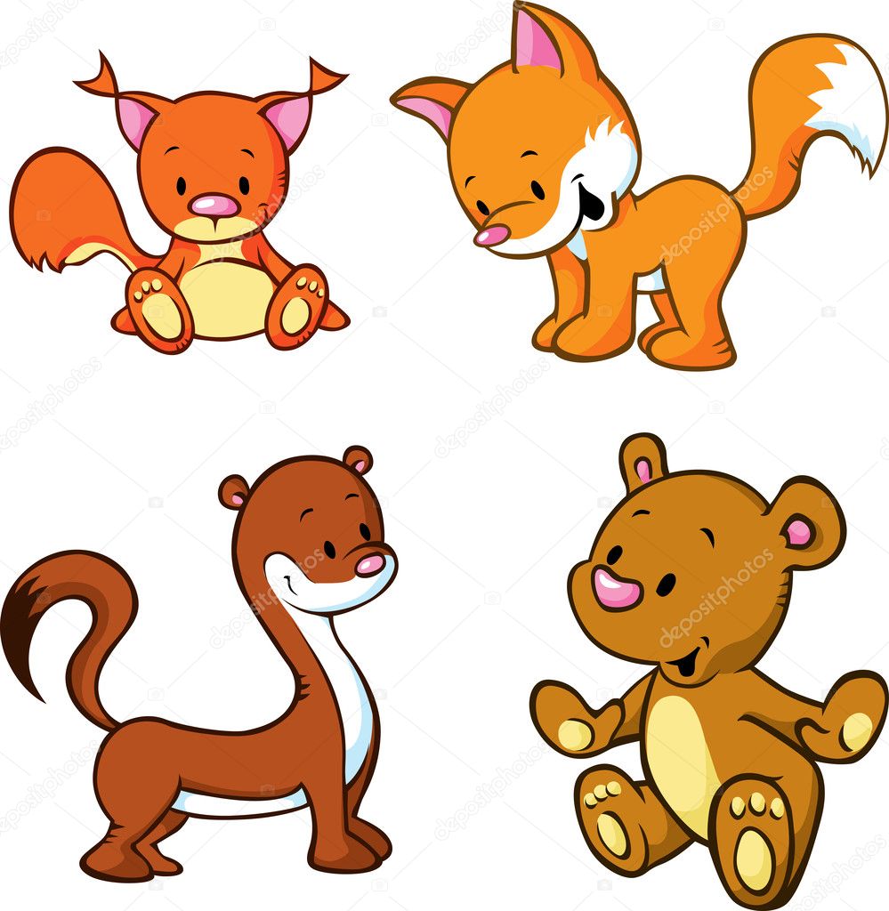 fox, bear, weasel and squirrel - cute animals cartoon isolated on white background