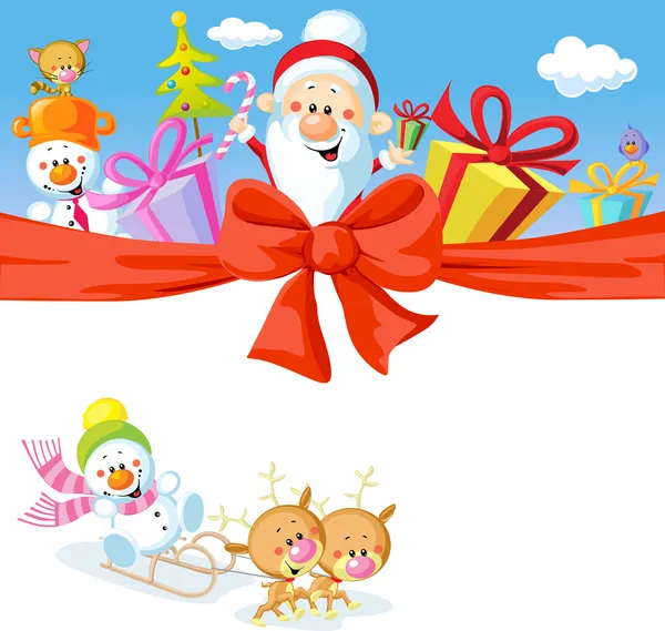 Design natalizio con Babbo Natale, regali, albero di Natale, pupazzo di neve e renne divertenti — Foto Stock