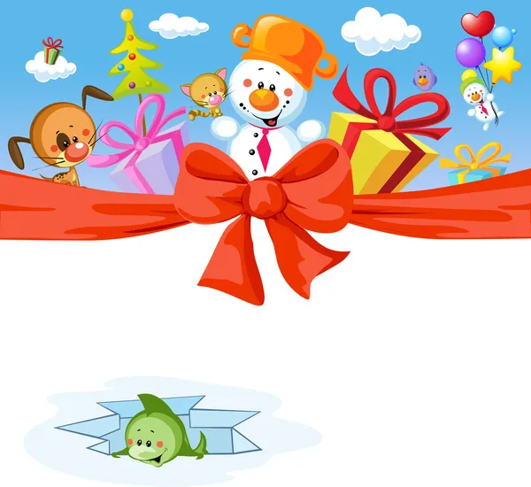 Design engraçado do Natal com boneco de neve e animais — Fotografia de Stock