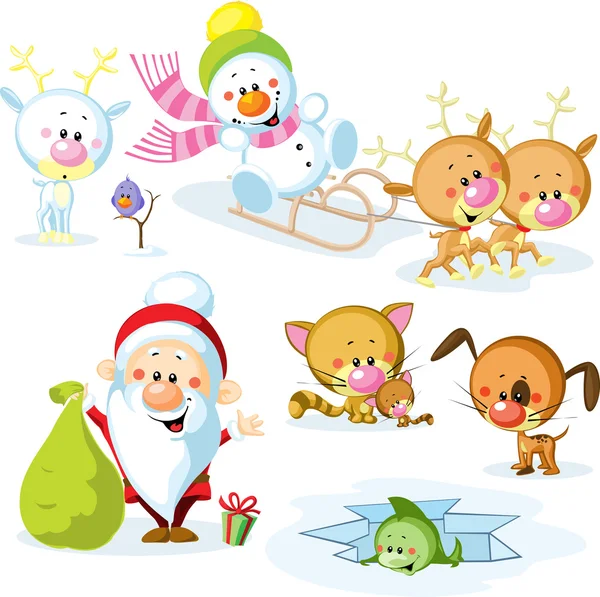 Kerstman met sneeuwpop, schattige dieren van de Kerst - rendieren, kat, hond, vogels en vissen — Stockfoto