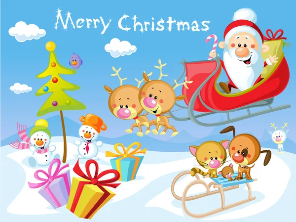 God juldesign med santa claus släde, julgran, snögubbe och söta djur — Stockfoto