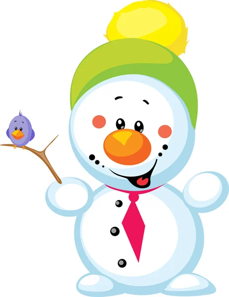 Pequeno boneco de neve com pássaro isolado no fundo branco — Fotografia de Stock