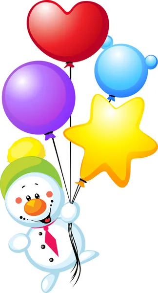 Boneco de neve voando com balões coloridos — Fotografia de Stock