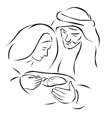 Noel doğum sahnesi ile Kutsal Aile - bebek İsa, Meryem ve Yusuf (vektör çizim)