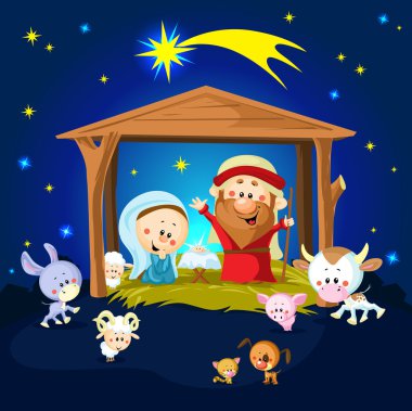 bethlehem yılında doğuş hayvanlarla - Noel vektör çizim
