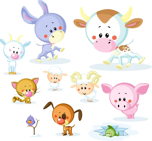Vector farm animals - cow, pig, goat, ram, sheep, cat and dog isolated on white background — Stock Vector
