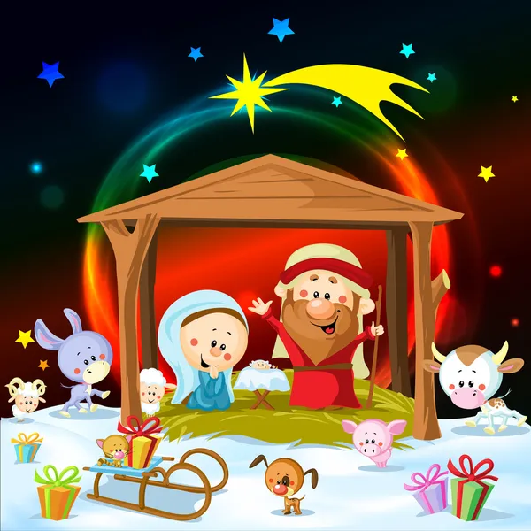 Christmas nativity with lights and cute animals — Stock Vector