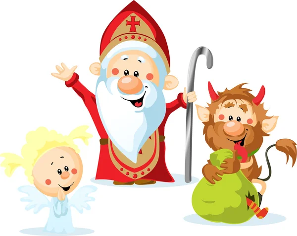 Saint nicholas, duivel en engel - vectorillustratie geïsoleerd op witte achtergrond — Stockvector