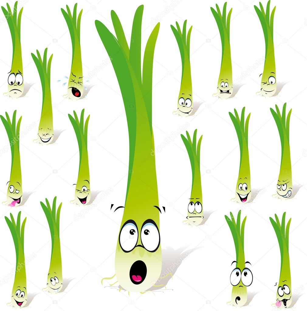 green onion cartoon with many expression isolated on white background
