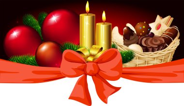 Noel yatay tasarımı ile mum, xmas topu, yay ve Noel kurabiye