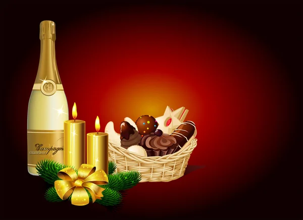 Natale still life - Biscotto di Natale, champagne e candela su sfondo scuro — Vettoriale Stock