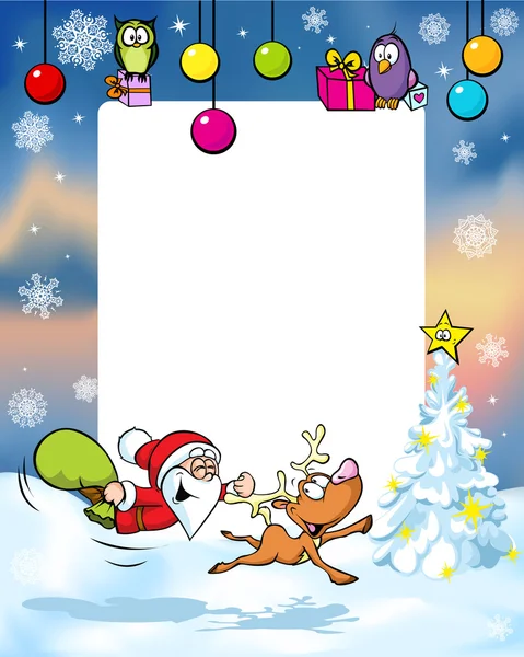 Vector christmas frame with funny santa claus and reindeer — Stock Vector