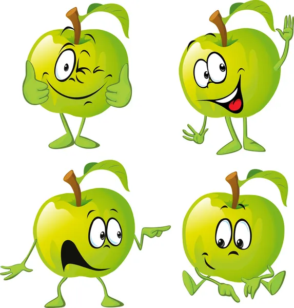 Green apple cartoon with hand — стоковый вектор