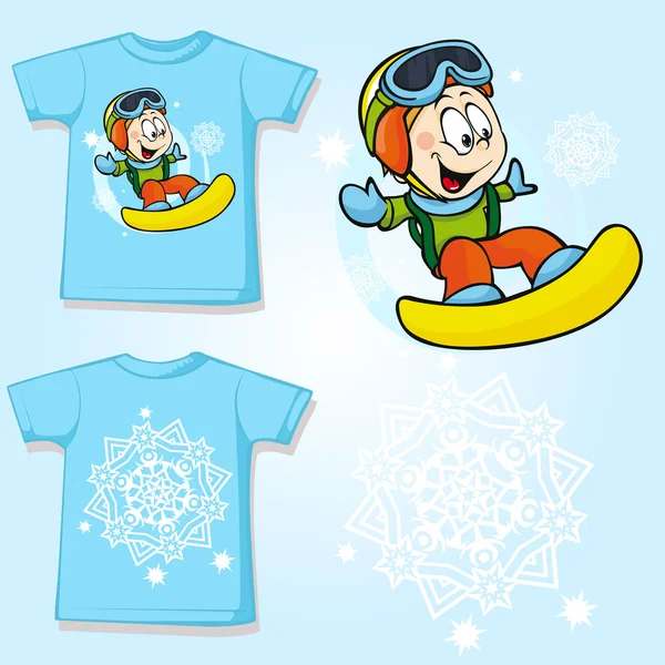 孩子衬衫与滑雪板打印-背部和前视图 — 图库矢量图片