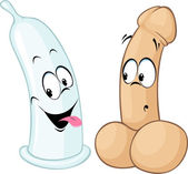 Penis und Kondom Karikatur isoliert auf weißem Hintergrund