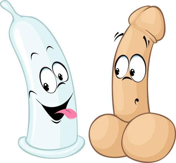 Penis and condom cartoon illustration isolated on white background — Stock Vector