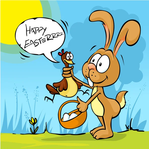 Šťastné Velikonoce - funny bunny držet slepice - chtějí vajíčko — Stockový vektor