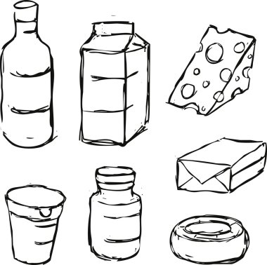 süt ürünleri - yoğurt, tereyağı, margarin, süt, peynir, - siyah anahat eskiz