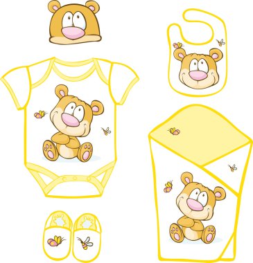 Cute Baby Layette with bear and butterfly - vector illustration clipart