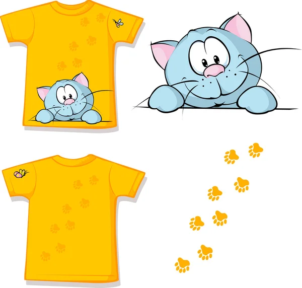 Kid shirt with cute cat peeking printed - isolated on white, back and front view — Stock Vector