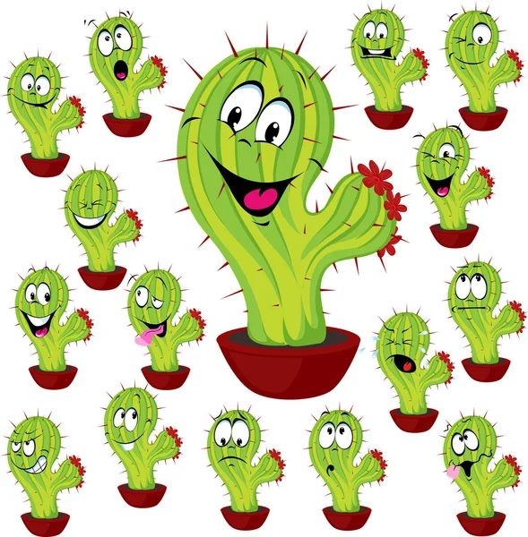 Illustrazione vettoriale della pianta di cactus con molte espressioni facciali — Vettoriale Stock