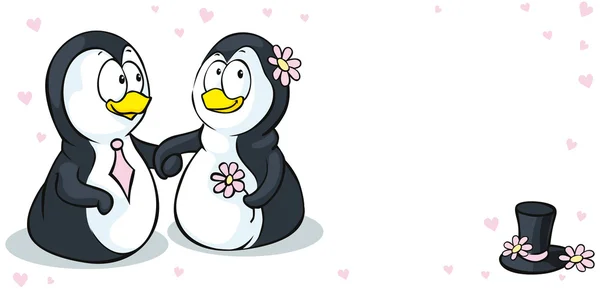 Pingüinos enamorados - tarjeta de boda - ilustración vectorial aislada sobre fondo blanco — Vector de stock