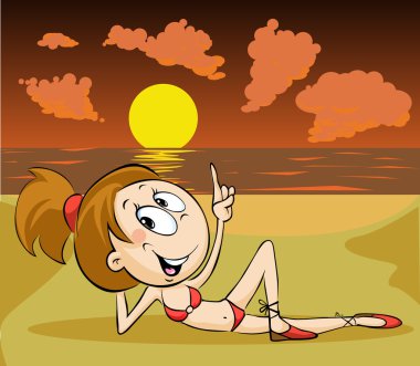 Sunset beach - vektör çizim döşeme kız