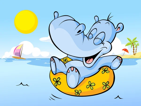 Vektorillustration des glücklichen Flusspferdes, das im Meer schwimmt - Urlaubsgruß — Stockvektor