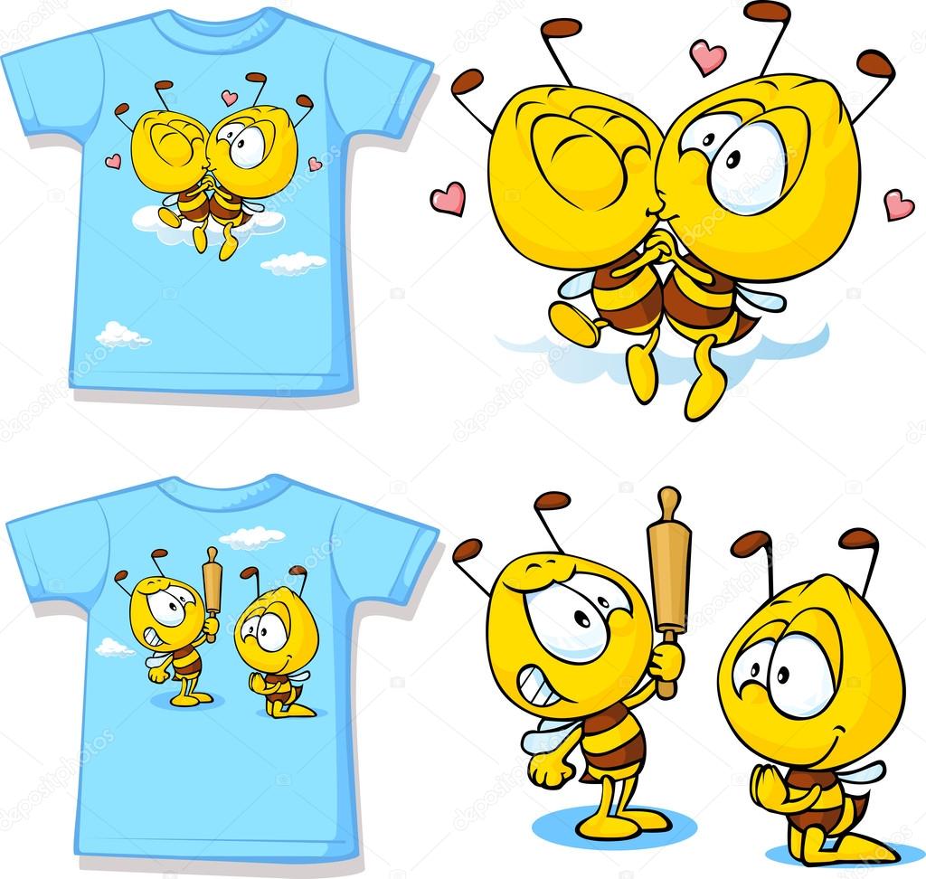 Kid shirt with cute bees - isolated on white, back and front view